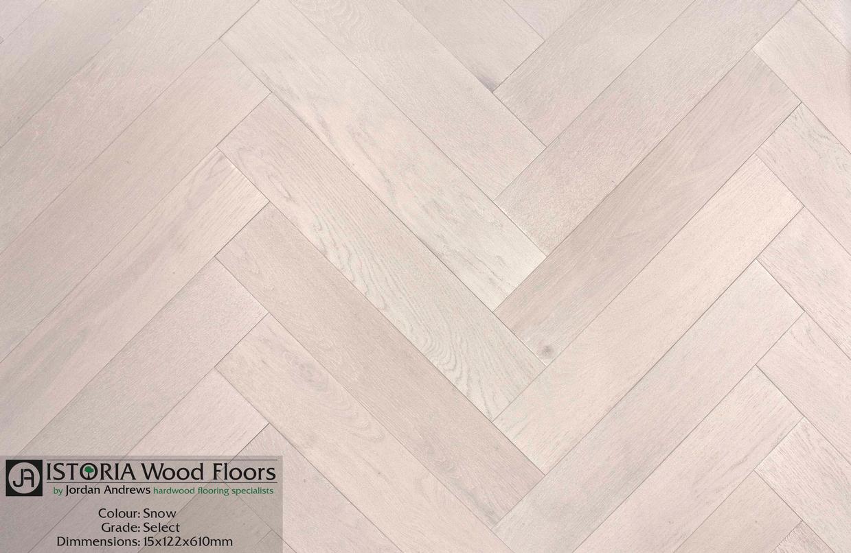 Snow Herringbone Istoria Bespoke Engineered Oak Wood Flooring by Jordan Andrews