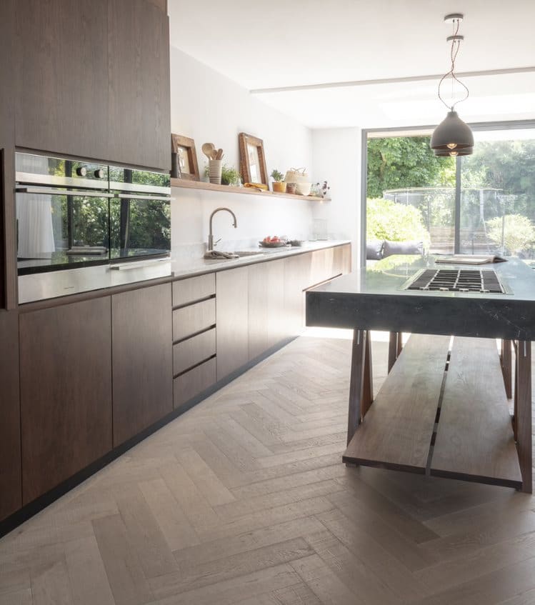 Istoria Bespoke Sawn Sable Herringbone Engineered Oak Wood Flooring by Naked Kitchens