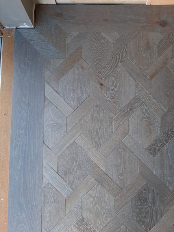 Istoria Bespoke Wood Floors Cadogan Grey in Character Grade custom made Mansion Weave parquet wood flooring